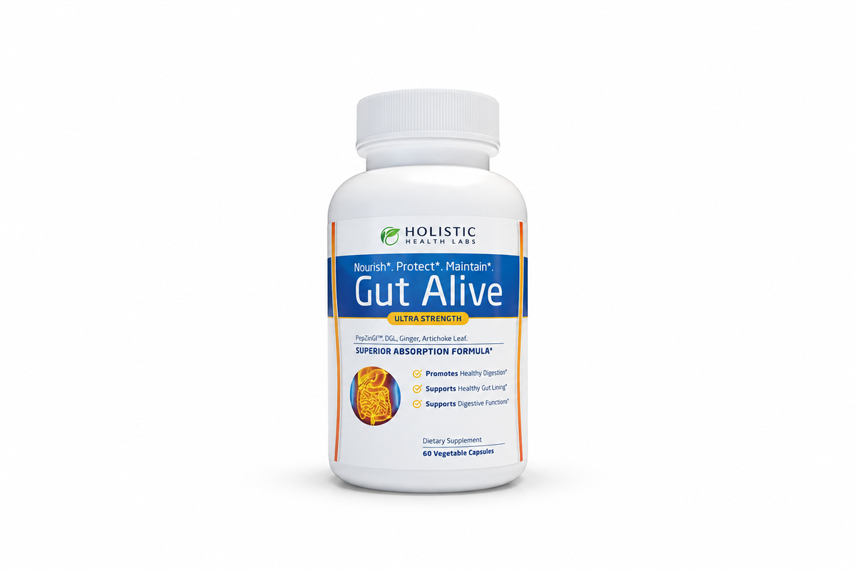 Gut Alive For Restoring Gut Lining - All Natural Support to Fight Leaky Gut, IBS, Heartburn, Acid Indigestion, Acid Reflux, Bloating & Gas. Unique Formulation. 60 Capsules.