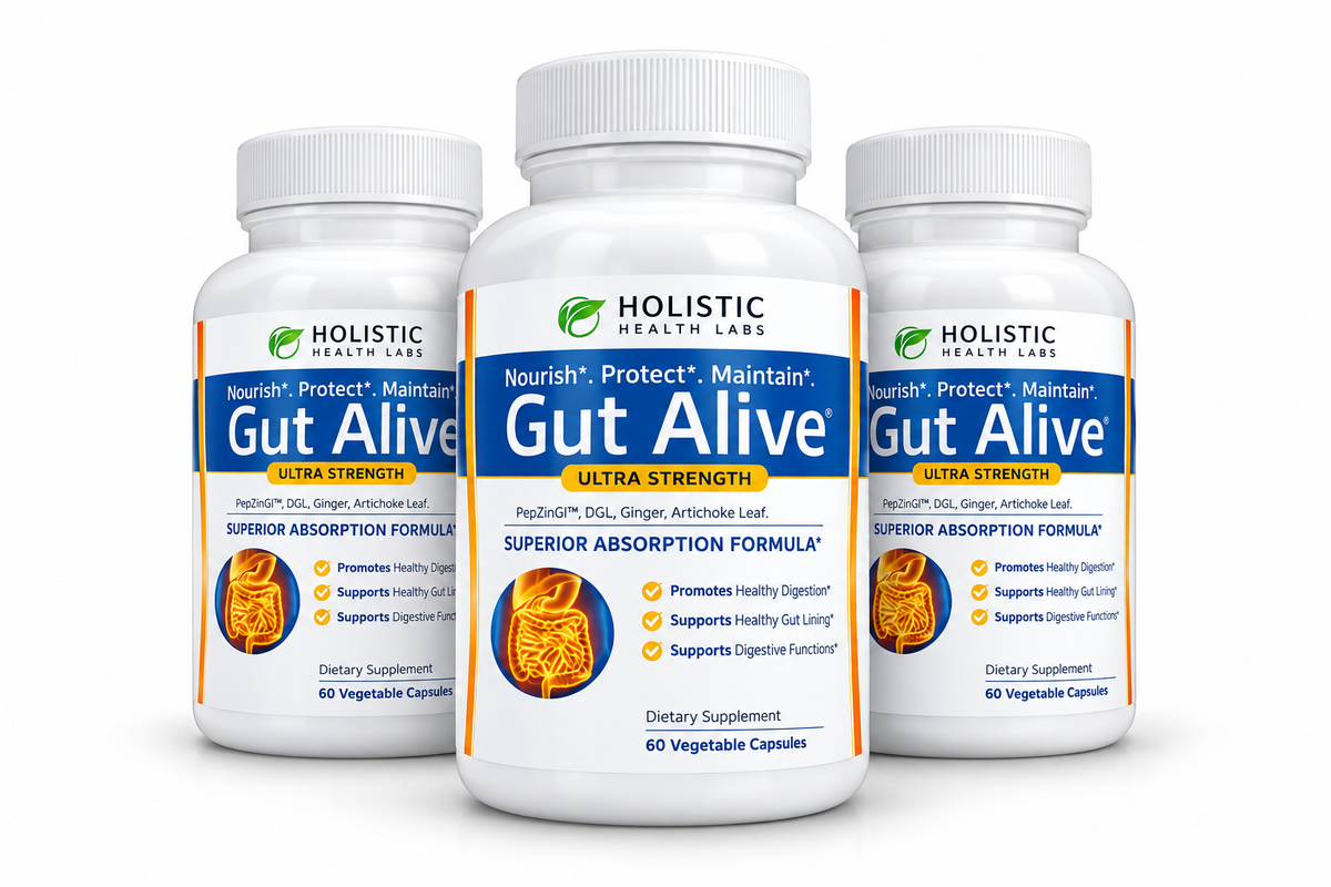 Gut Alive For Restoring Gut Lining - All Natural Support to Fight Leaky Gut, IBS, Heartburn, Acid Indigestion, Acid Reflux, Bloating & Gas. Unique Formulation. 60 Capsules.