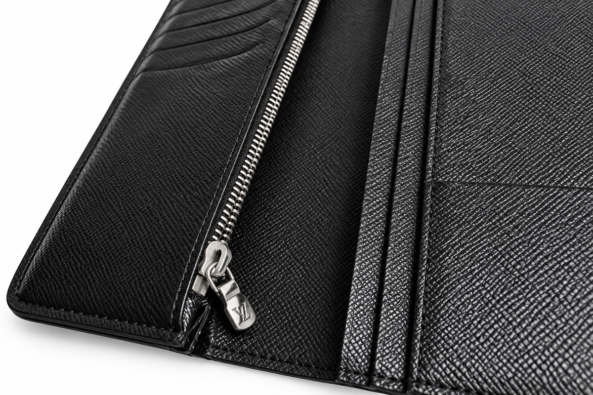 LV Leather Men Long Wallet Textured Black