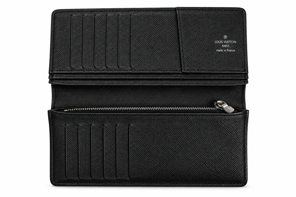 LV Leather Men Long Wallet Textured Black